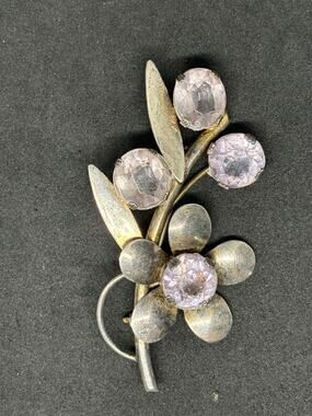 Vintage Sterling Silver Flower Spray Brooch Pink Faceted Stones 12.2g Pin